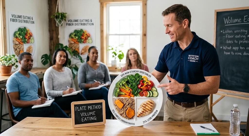 A coach pointing to a plate divided into halves of non-starchy vegetables, a quarter of lean protein,
