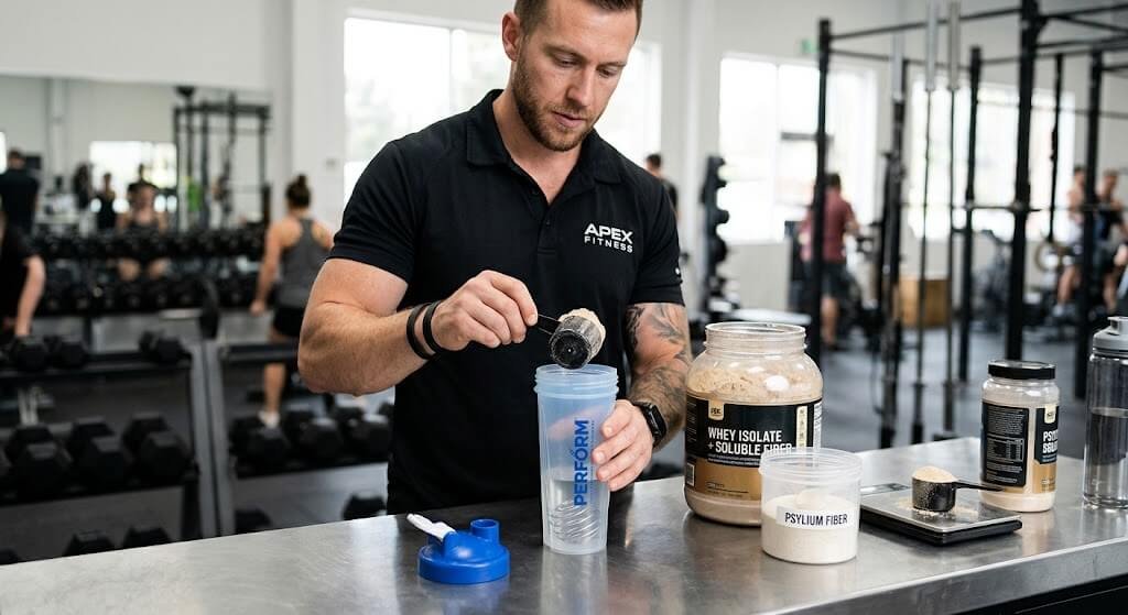 A coach preparing a protein and soluble fiber shake