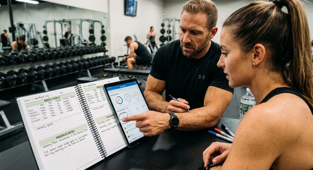 A coach reviewing a client’s workout log and nutrition tracker at a gym desk,
