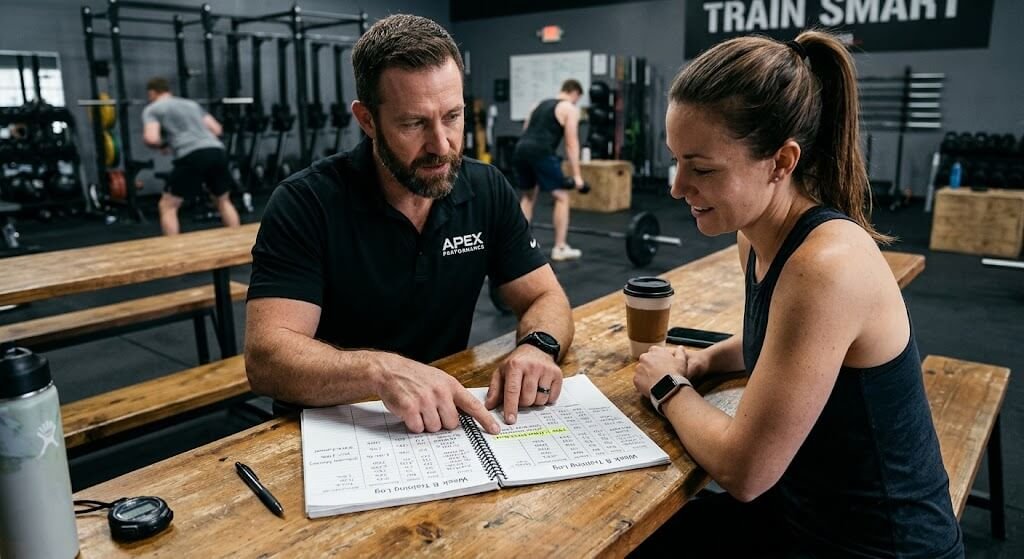 A coach reviewing a workout log with a client, pointing to 