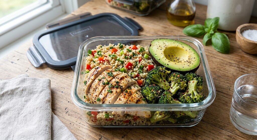 A colorful, balanced meal prep container featuring grilled chicken, quinoa, roasted broccoli