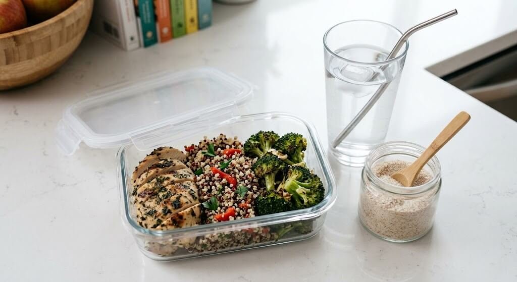 A colorful meal prep container featuring grilled chicken,