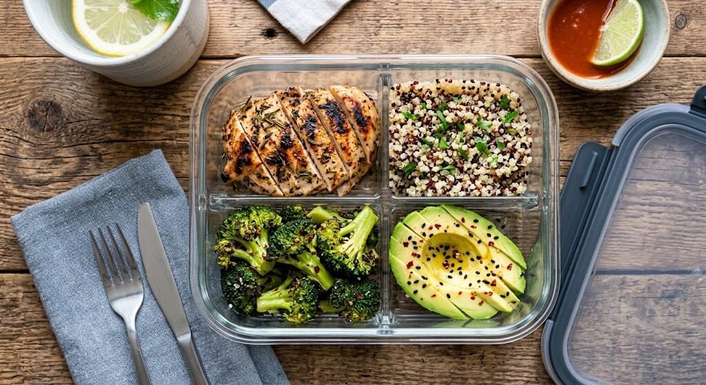 A colorful, overhead shot of a meal prep container featuring grilled