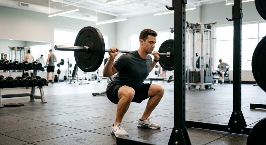A fit individual performing a barbell back squat with proper form