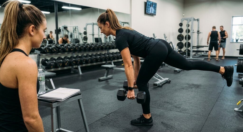 A fitness coach demonstrating proper form for a dumbbell Romanian Deadlift,
