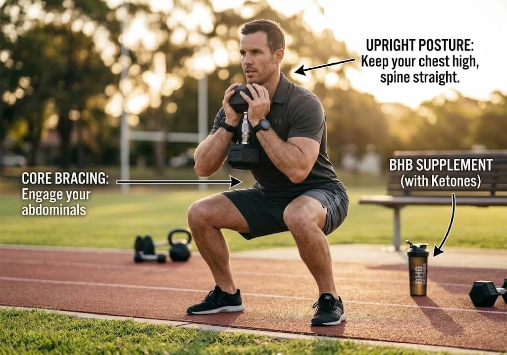 A fitness coach demonstrating proper form on a dumbbell goblet squat, 