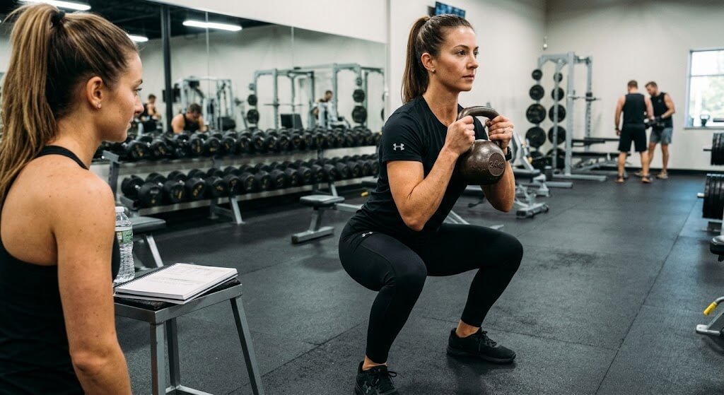 A fitness coach demonstrating proper goblet squat form with a kettlebell, 