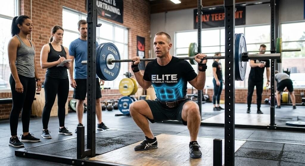 A fitness coach demonstrating proper squat 
