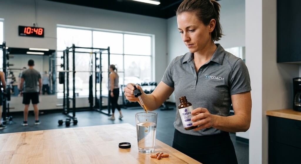 A fitness coach holding a standardized capsaicin supplement bottle next to a measuring 