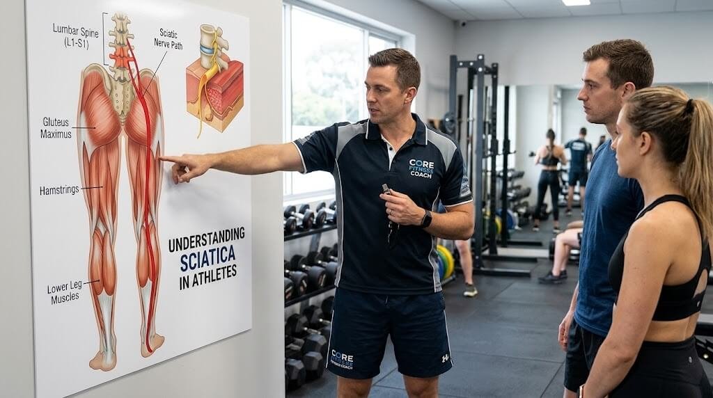 A fitness coach pointing to a diagram of the lumbar