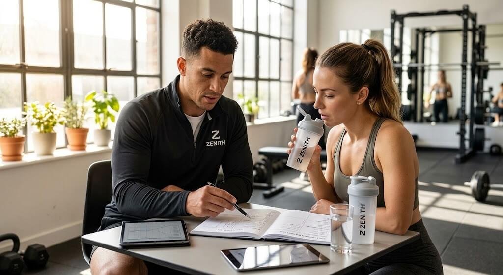A fitness coach reviewing a workout log with a client in a well-lit gym,