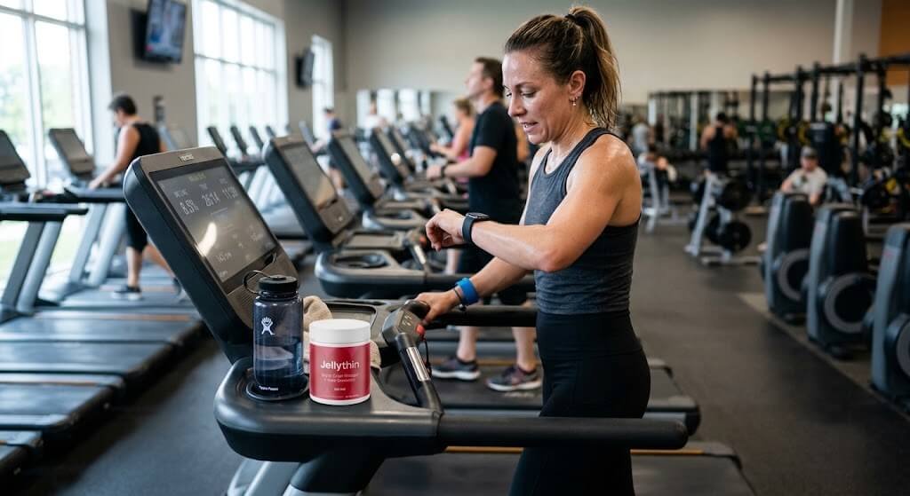 A fitness enthusiast checking their smartwatch while walking on an incline treadmill,
