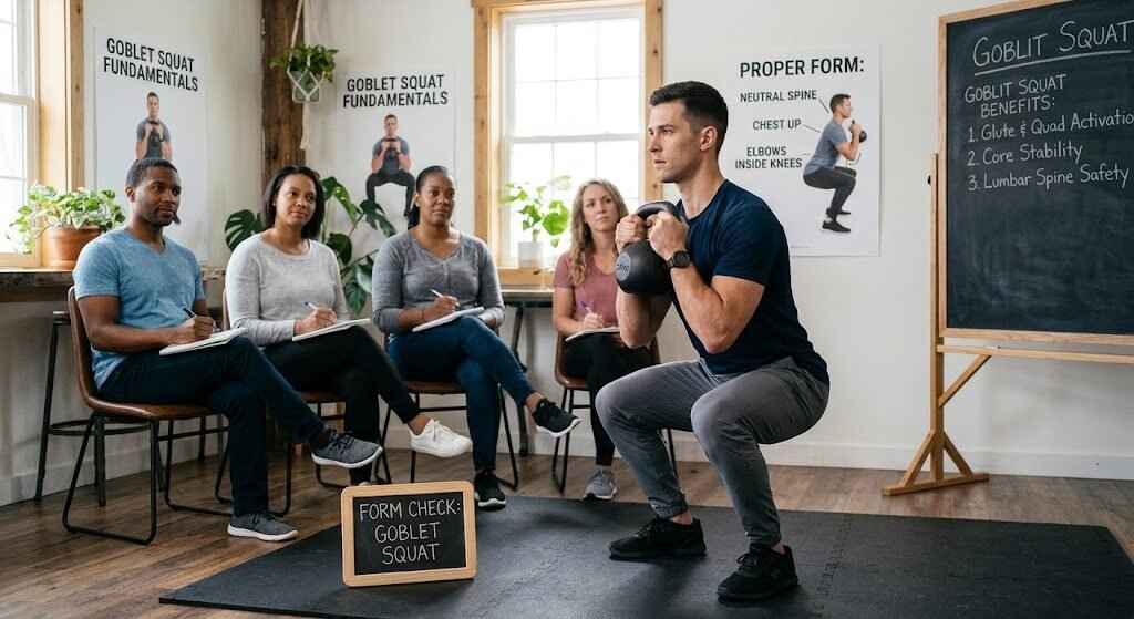 A fitness professional demonstrating proper form for a goblet squat, highlighting 