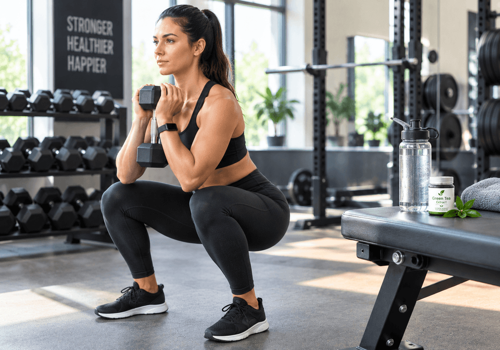 A fitness professional demonstrating proper form on a dumbbell goblet squat in a well-lit gym, with a water bottle and a small container of green tea extract visible on a nearby bench.