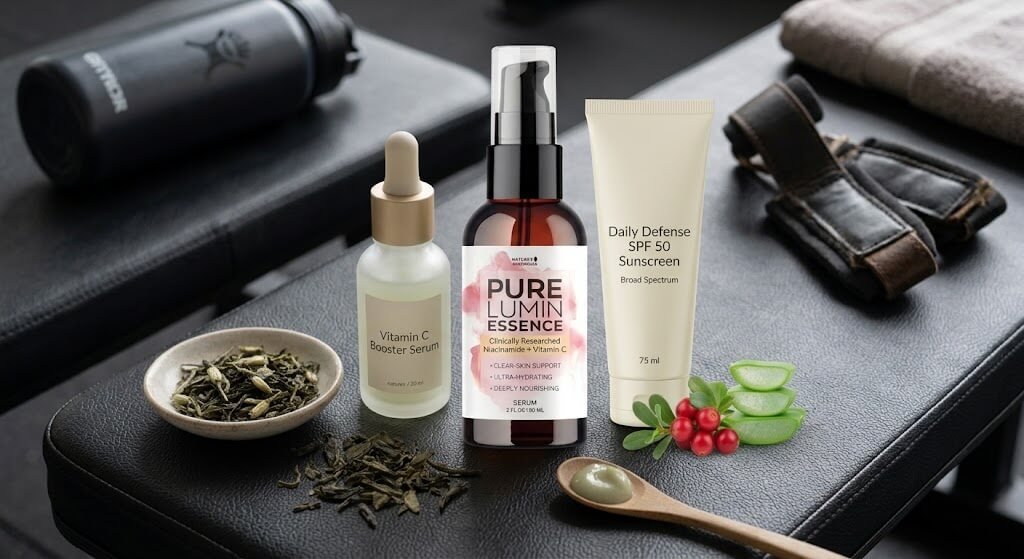 A flat-lay image of a minimalist skincare setup on a gym