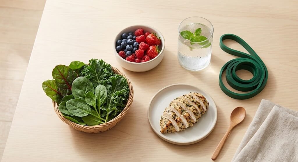 A flat-lay image of healthy, whole foods (berries, leafy greens, lean protein) alongside a glass of water and a resistance band, symbolizing the holistic approach to metabolism