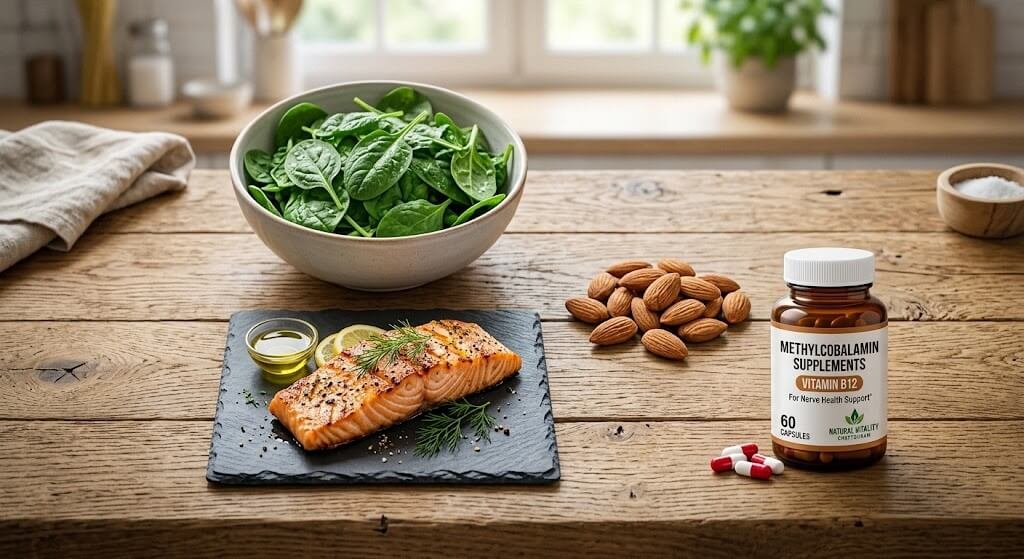 A flat-lay image of nerve-supporting whole foods