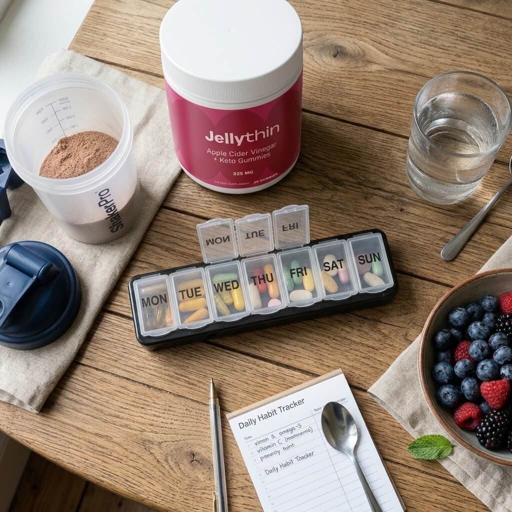  A flat-lay image showing a daily supplement organizer, a shaker bottle with protein powder,