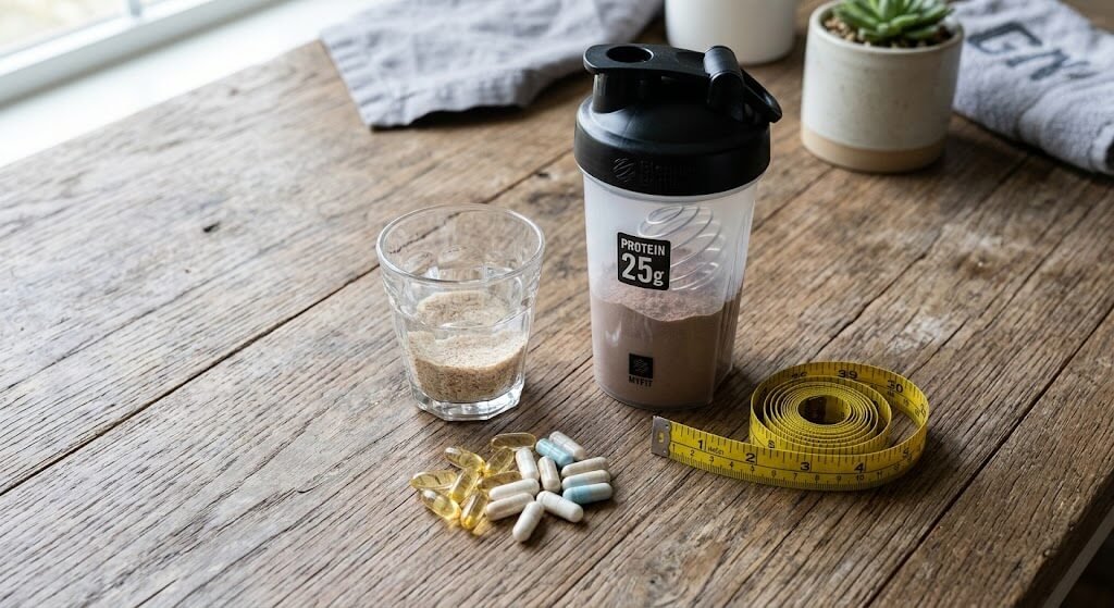 A flat-lay photo of a wooden table featuring a shaker bottle with protein powder,