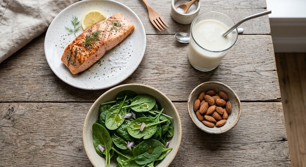 A flat-lay photo of metabolism-supporting foods a piece of grilled salmon
