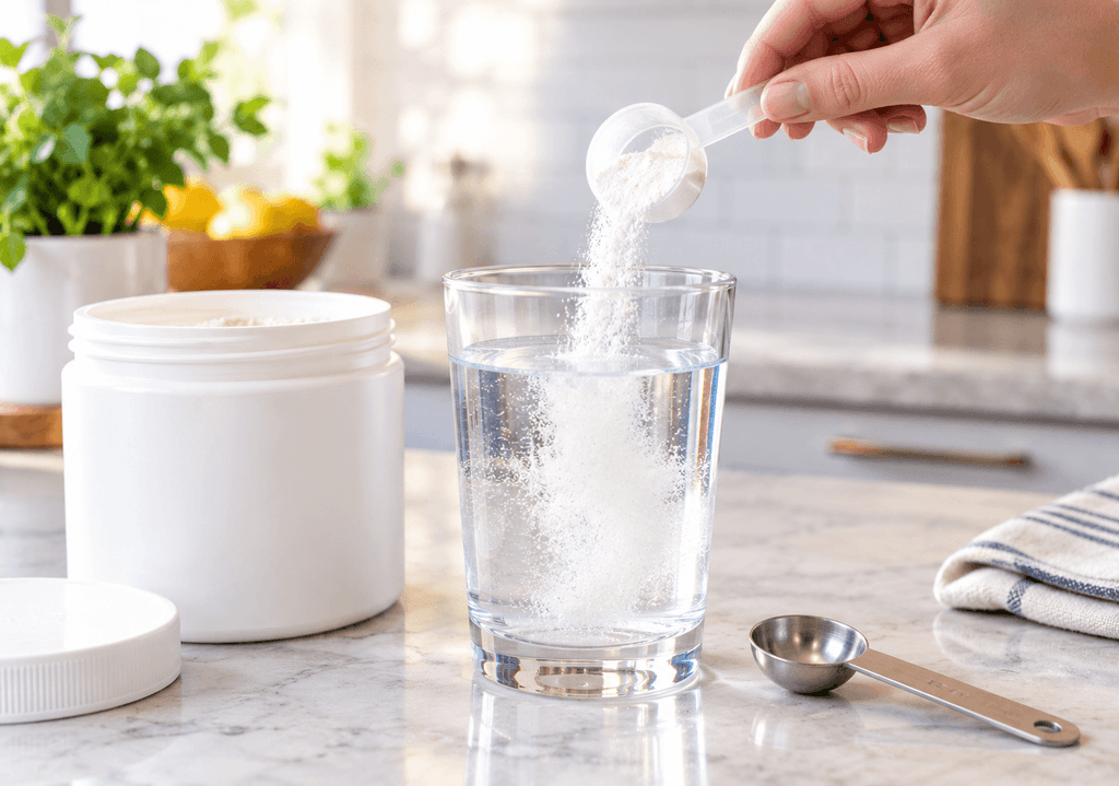 A glass of water being mixed with a powdered supplement scoop on a kitchen counter, with a simple measuring spoon nearby