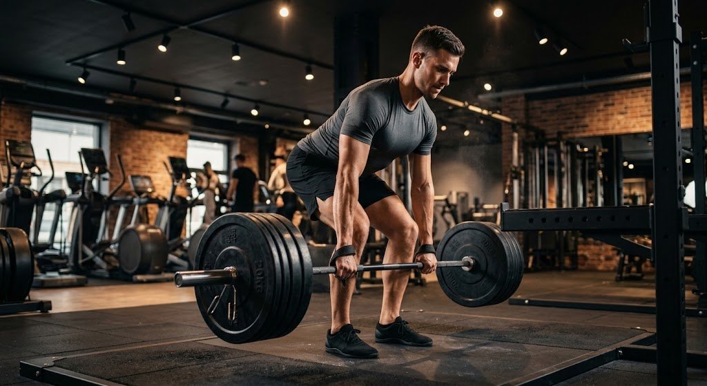 A gym enthusiast executing a heavy barbell deadlift