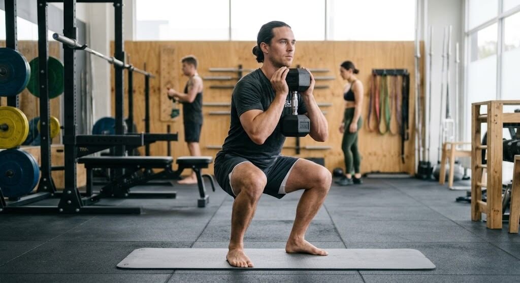A gym-goer executing a Goblet Squat with proper
