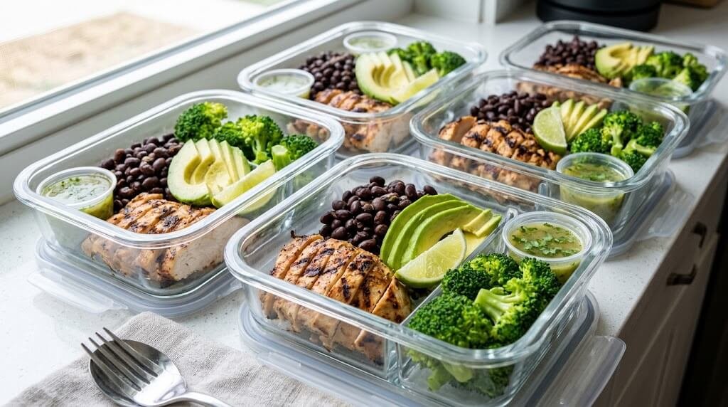 A high-protein, high-fiber meal setup featuring grilled chicken,