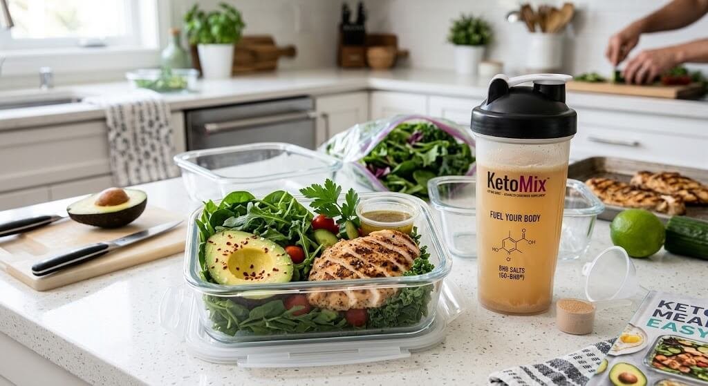 A kitchen counter displaying a meal-prep container with avocado, grilled chicken, and greens next to 