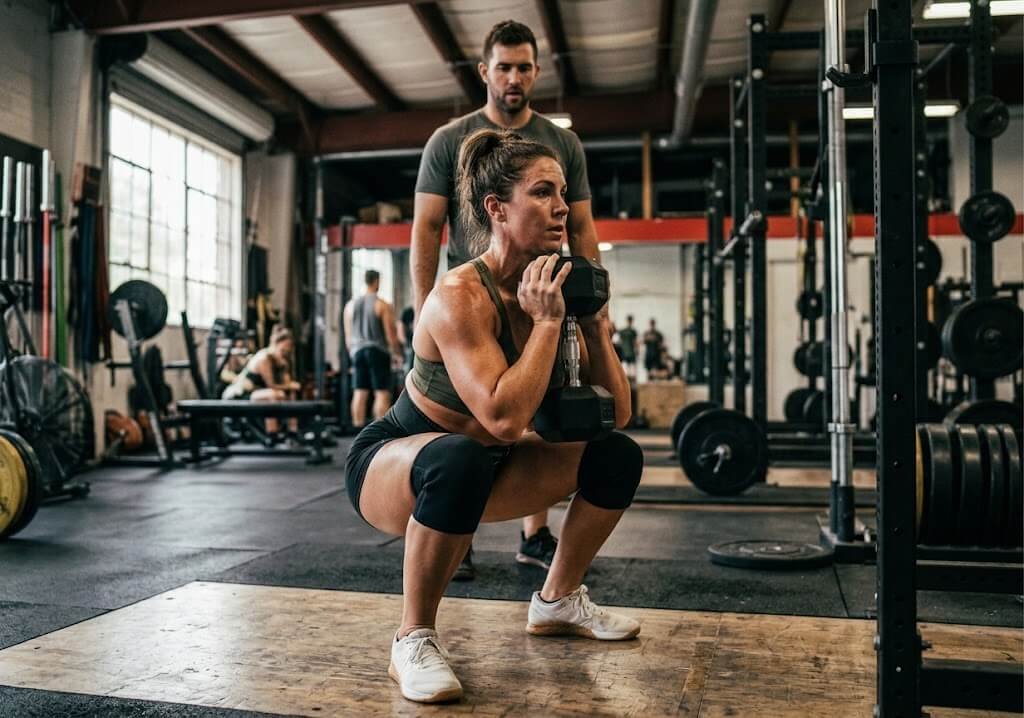 A lifter demonstrating a goblet squat with a dumbbell held at the chest, with the hips parallel to the floor