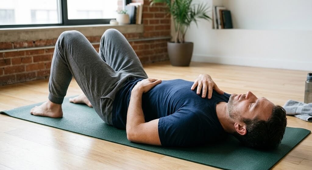 A man lying on a yoga mat demonstrating