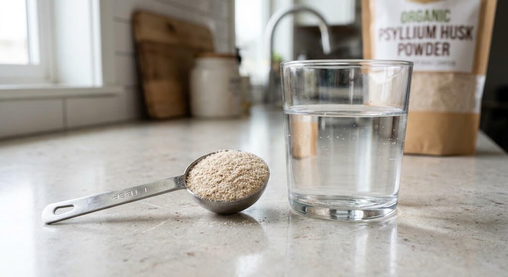 A measuring spoon of psyllium husk powder next to a glass of water