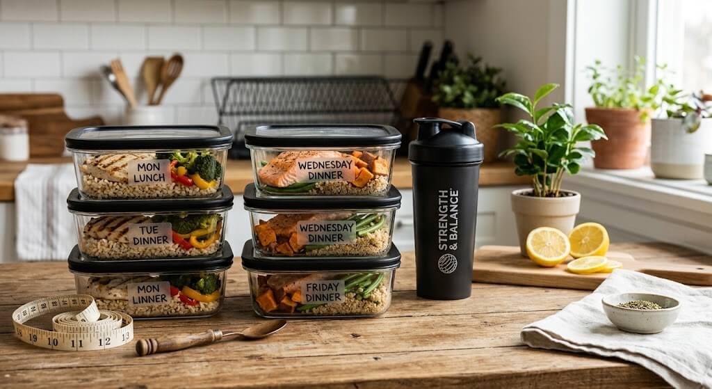 A neatly organized weekly meal prep setup with lean proteins, vegetables, and a shaker bottle, alongside a bottle of third-party tested green tea extract, emphasizing preparation and consistency.