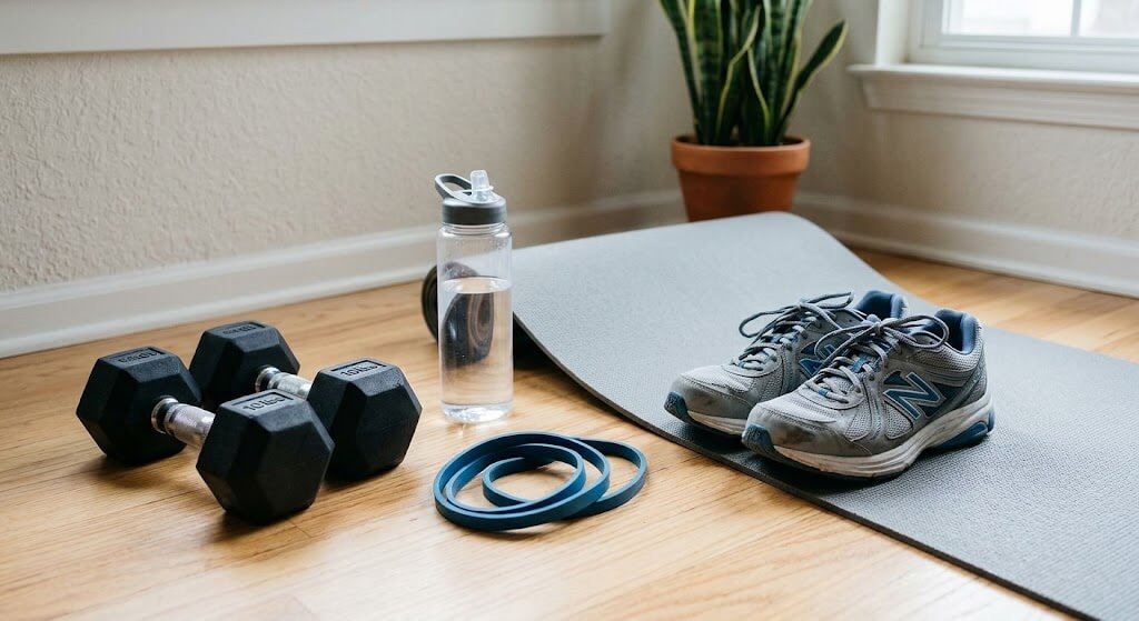 A pair of dumbbells, a resistance band, a water bottle, a