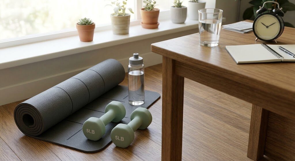 A pair of light dumbbells beside an exercise mat and a water bottle in a tidy hom