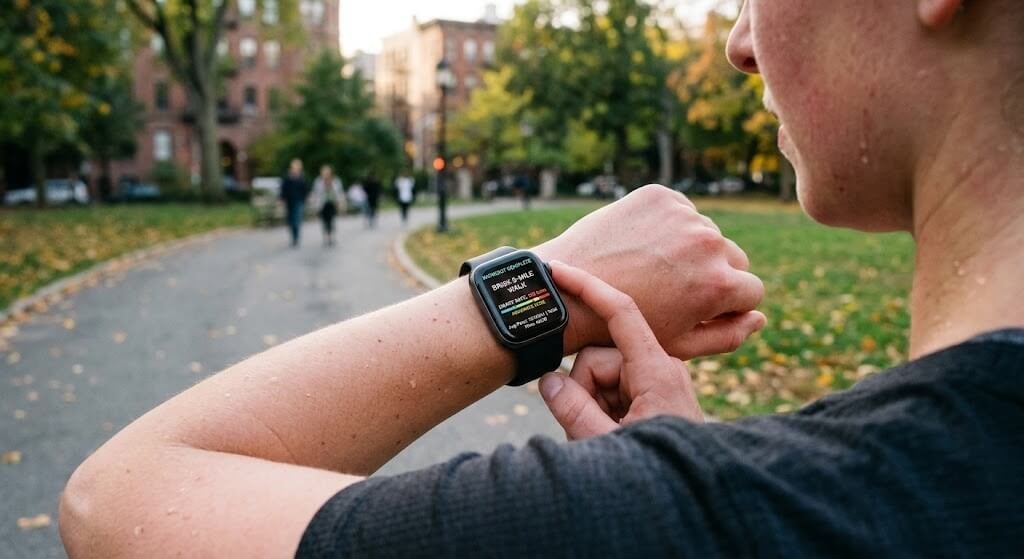 A person checking their smartwatch afte