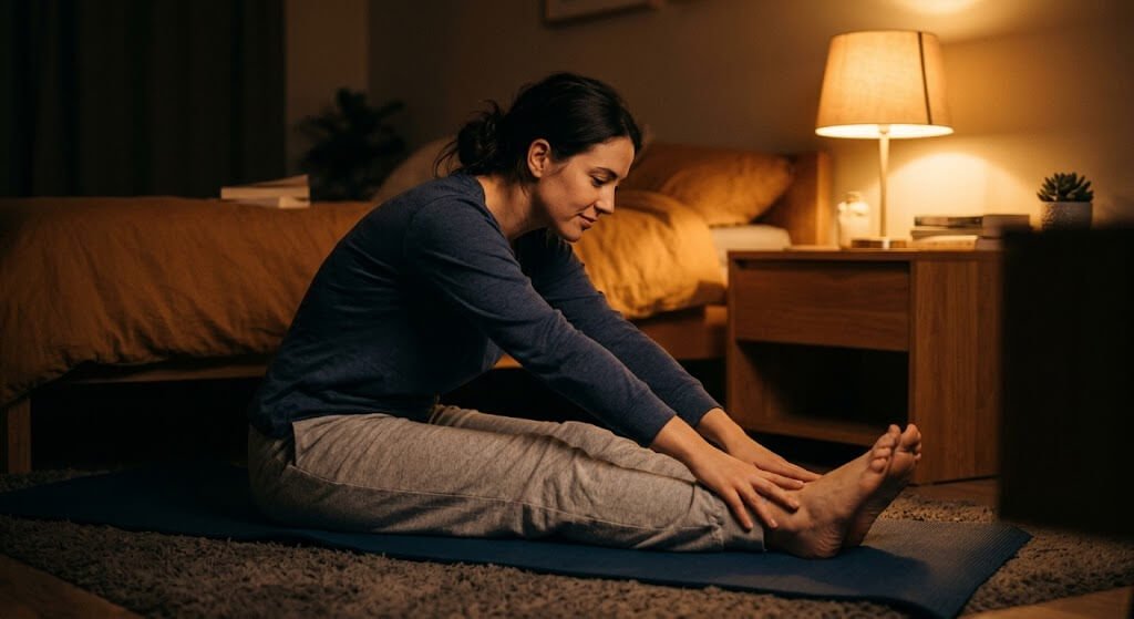 A person doing light, seated hamstring stretches in a dimly lit room