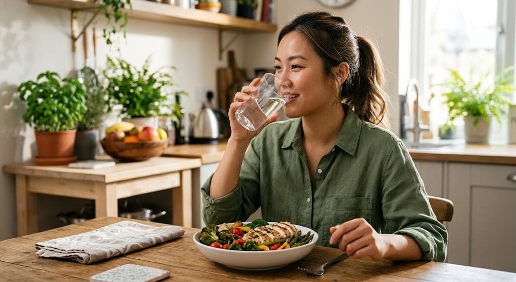 A person drinking a glass of water next to a bowl of lean protein