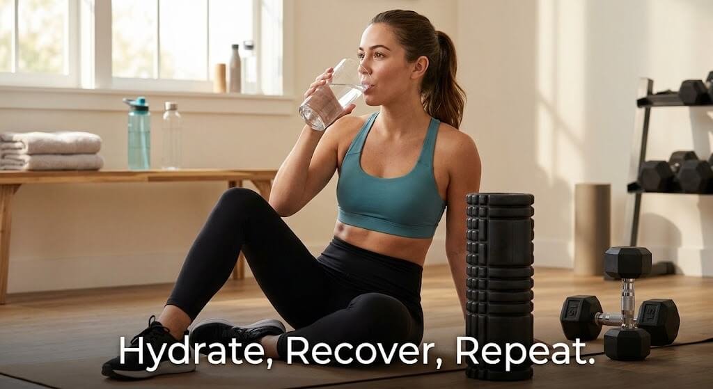 A person drinking a large glass of water next to a foam roller and a dumbbell, symbolizing the triad of hydration,