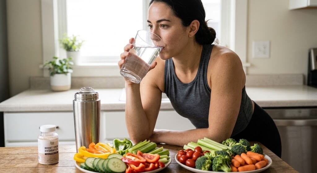 A person drinking a large glass of water next to a shaker bottle and a plate of fresh vegetables,