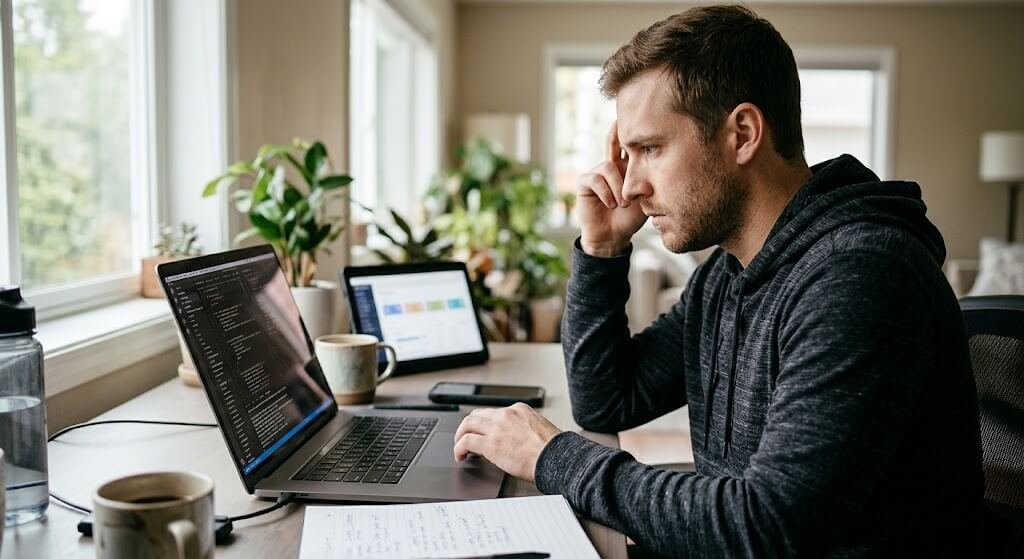 A person focusing intensely while working at a desk
