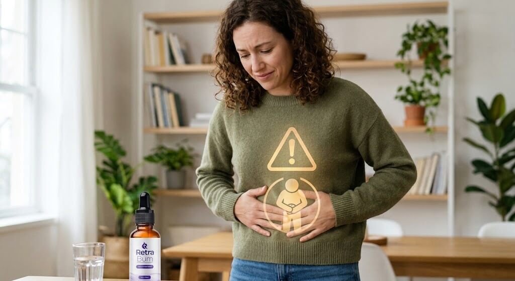A person gently holding their stomach with a subtle caution icon overlay