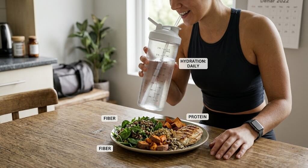 A person holding a large, clear water bottle next to a plate
