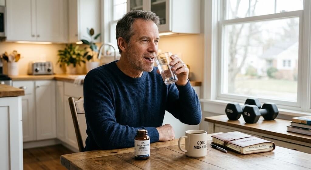  A person in their 50s sitting at a kitchen