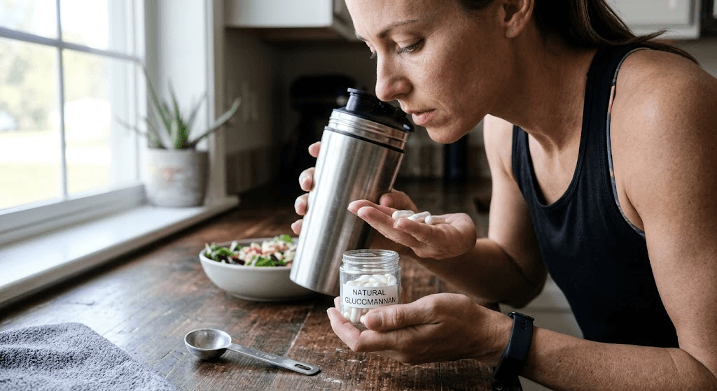 A person in workout gear holding a shaker bottle of water in one hand and a small container of glucomannan 