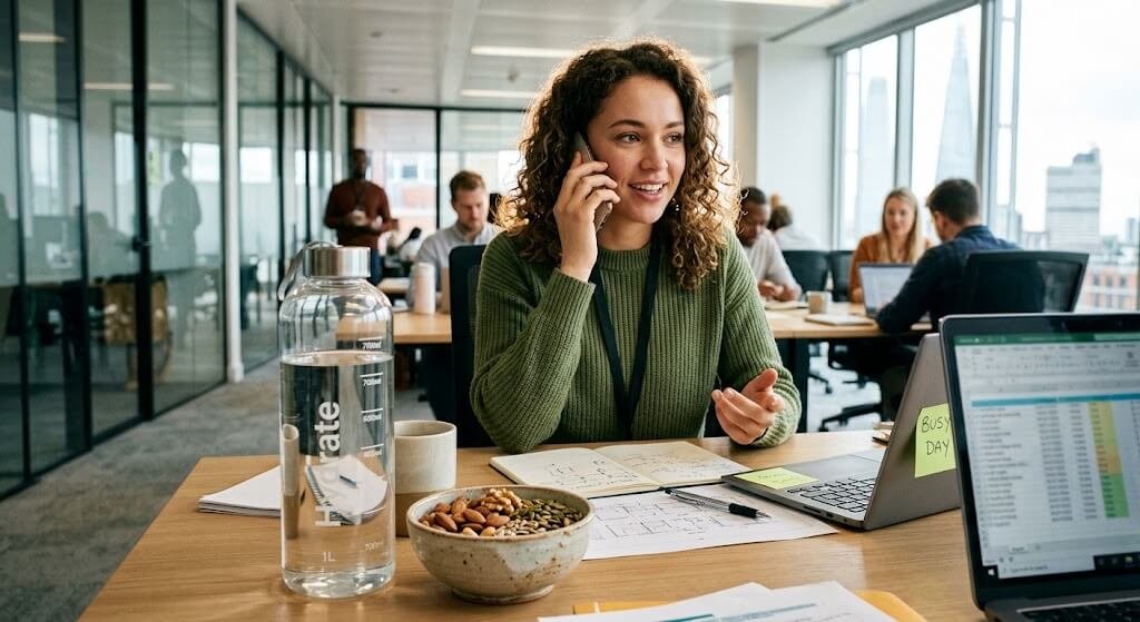 A person on a phone call in an office setting