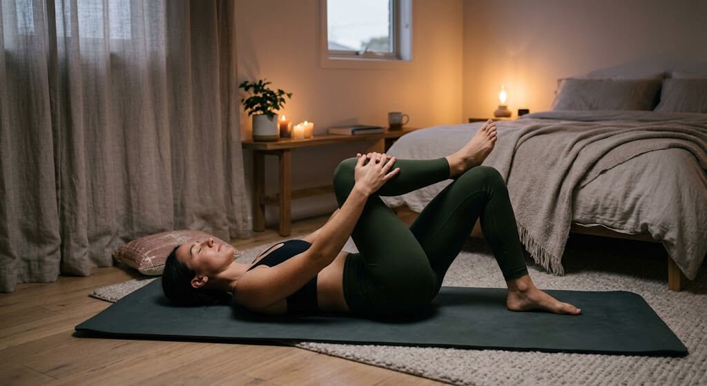 A person performing a gentle supine figure-four stretch on a yoga