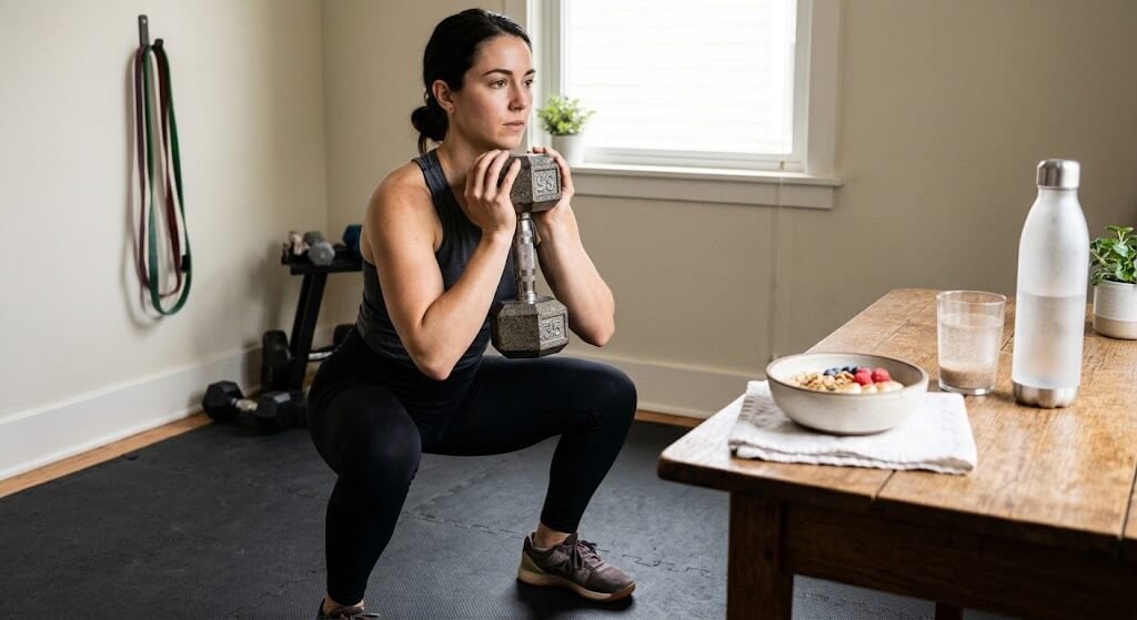  A person performing a goblet squat with a dumbbell in a home gym setting, demonstrating proper 