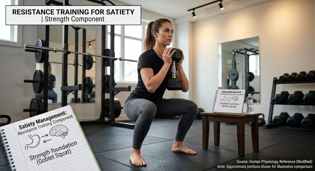 A person performing a goblet squat with a dumbbell in a well-lit gym, demonstrating