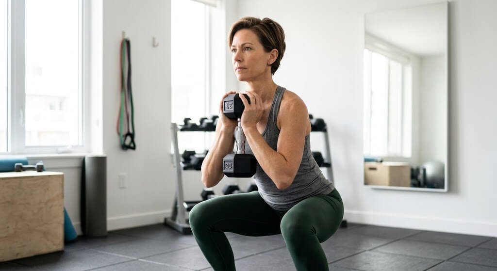 A person performing a goblet squat with one dumbbell held at the chest in a bright home gym